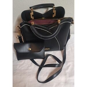 ZZMY Black Faux Leather Satchel Handbag Crossbody Purse Wallet Set Gold Tone